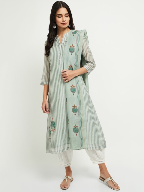 

max Women Green Striped Kurta with Salwar & With Dupatta
