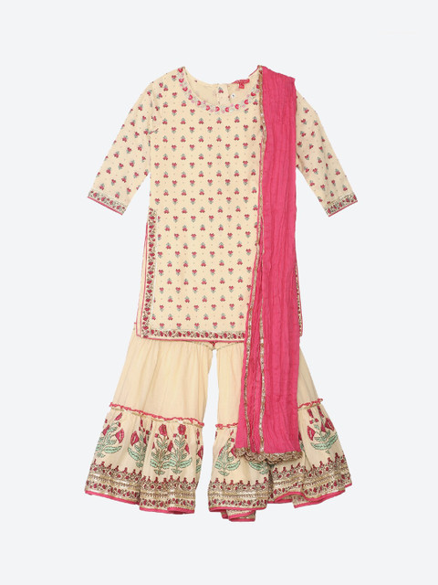 

Biba Girls Cream-Coloured & Pink Floral Printed Kurti with Palazzos & With Dupatta