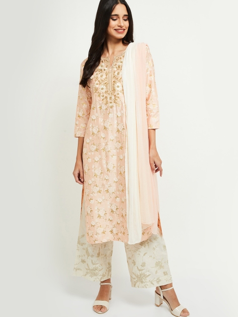 

max Women Pink & Off White Floral Embroidered Thread Work Kurta & Dupatta
