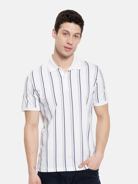 

Octave Men White & Blue Striped Polo Collar T-shirt