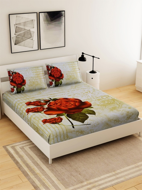 

Salona Bichona Beige & Green Floral 210 TC Cotton 1 King Bedsheet with 2 Pillow Covers