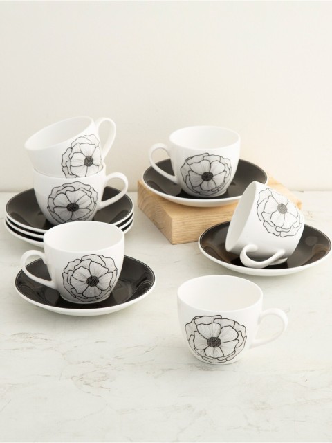 

Home Centre Set Of 12 White & Black Mandarin Printed Porcelain Cups and Saucers