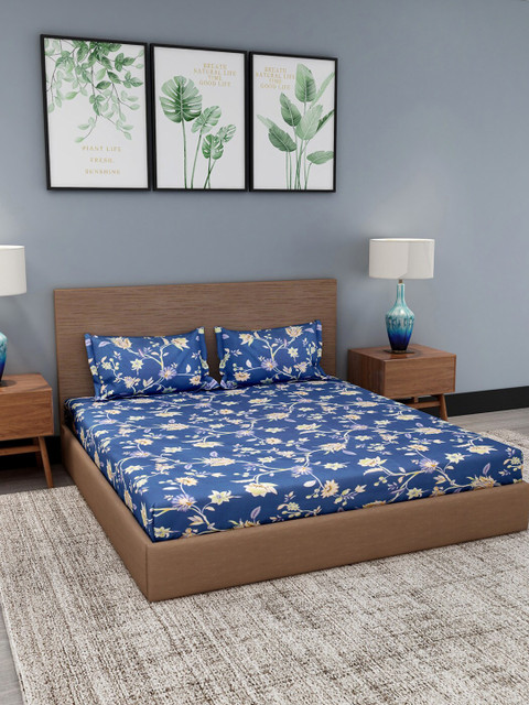 

NEUDIS Blue & Orange Floral 180 TC Polyester 1 King Bedsheet with 2 Pillow Covers