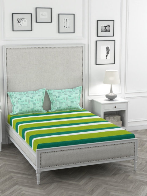 

Portico New York Green & White Striped 144 TC Cotton 1 Queen Bedsheet with 2 Pillow Covers