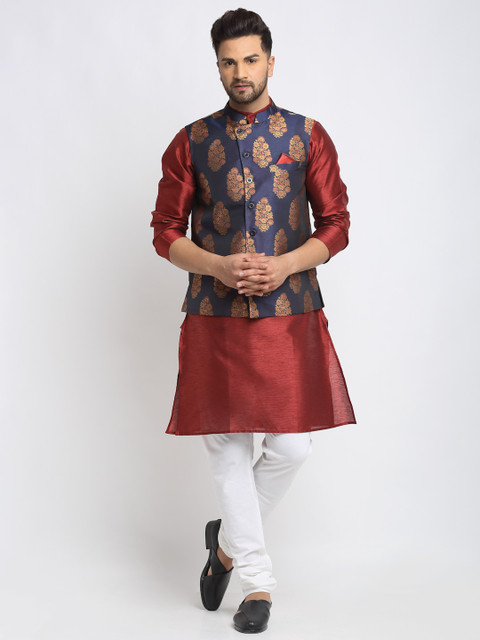 

NEUDIS Men Maroon & White Solid Kurta Set with Nehru Jacket