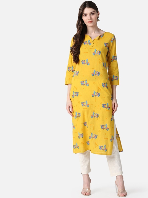 

AHIKA Women Yellow Quirky Printed Flared Sleeves Quirky Kurta