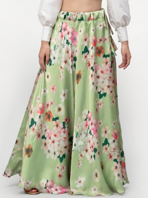 

studio rasa Women Lime Green & Pink Digital Printed Satin Flared Maxi Bias Skirt