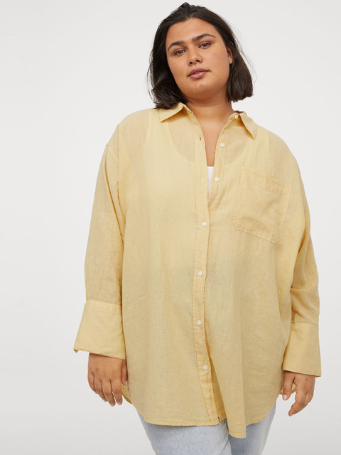 

H&M+ Women Yellow Solid Linen-Blend Shirt