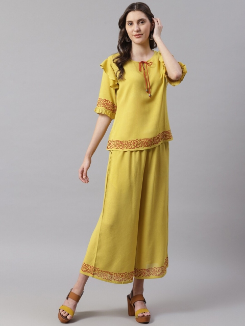 

Shakumbhari Women Yellow & Peach-Coloured Solid Two-Piece