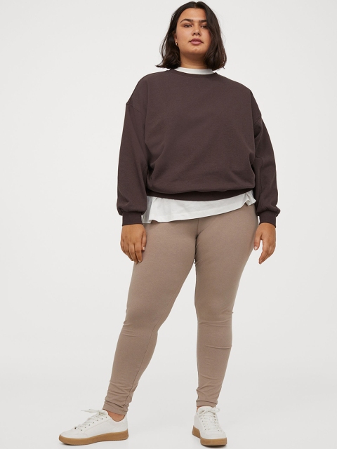 

H&M+ Women Beige & Grey Solid Cotton-Blend Leggings