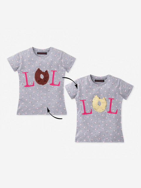 

MAGIC TEES Girls Grey Melange Donut Reversible Sequin Round Neck T-shirt