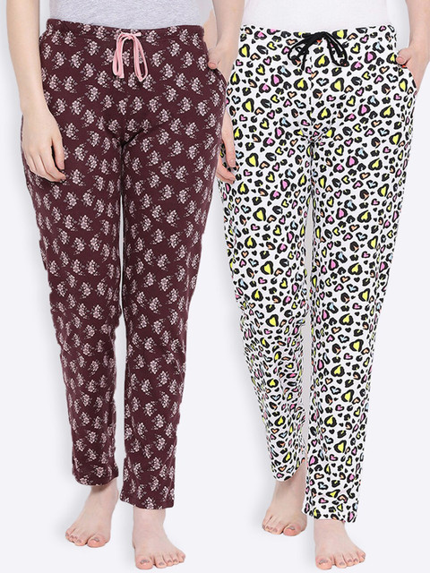 

Kanvin Women Pack Of 2 Printed Cotton Lounge Pants, Coffee brown