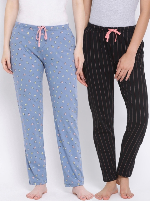 

Kanvin Women Pack Of 2 Printed Pure Cotton Lounge Pants PJ1116+PJ1073, Black