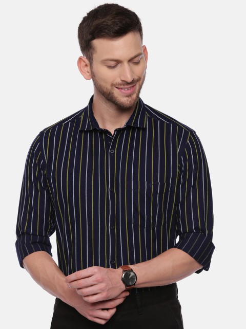 

CROYDON Men Navy Blue & Yellow Regular Fit Striped Cotton Formal Shirt