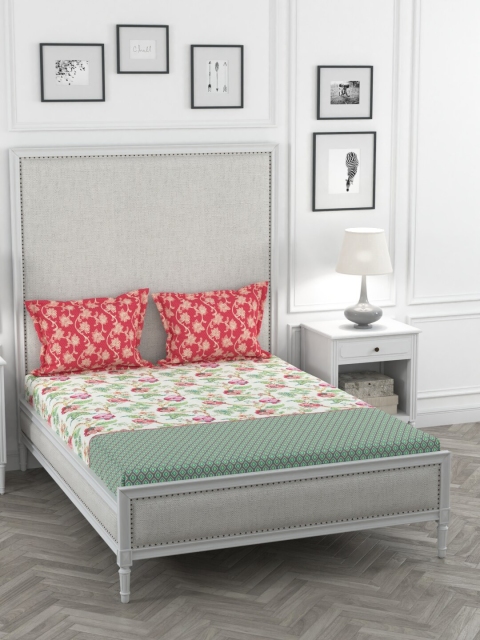 

Portico New York Cream-Coloured & Green Floral 144 TC Cotton 1 King Bedsheet with 2 Pillow Covers