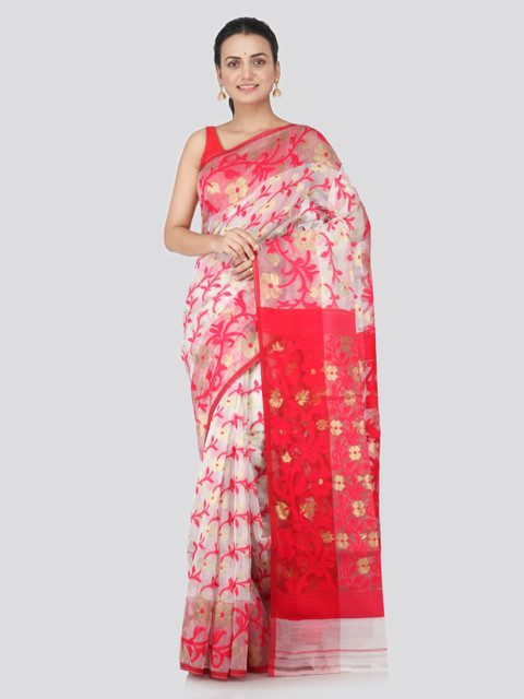 

PinkLoom White & Red Pure Cotton Woven Design Handloom Jamdani Saree