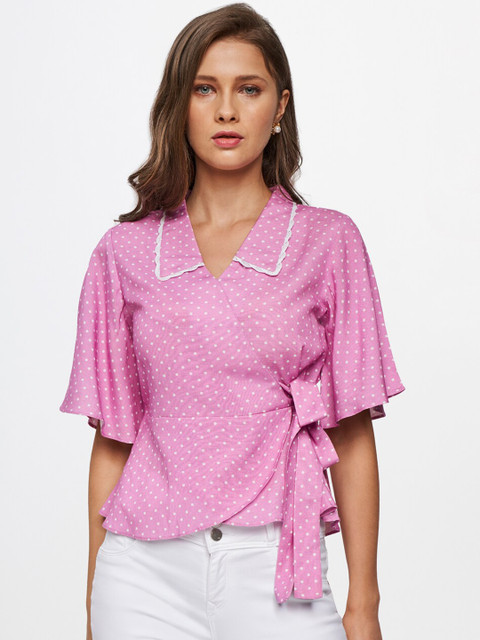 

AND Lavender & White Polka Dots Print Wrap Top