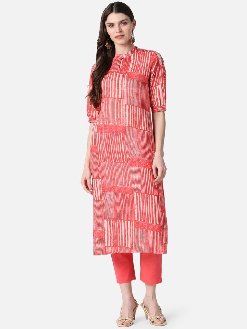 

AHIKA Women Coral & White Printed Kurta