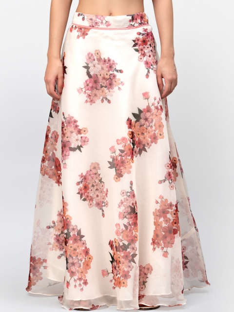 

studio rasa Women Off White & Pink Floral Printed Flared Maxi Skirt