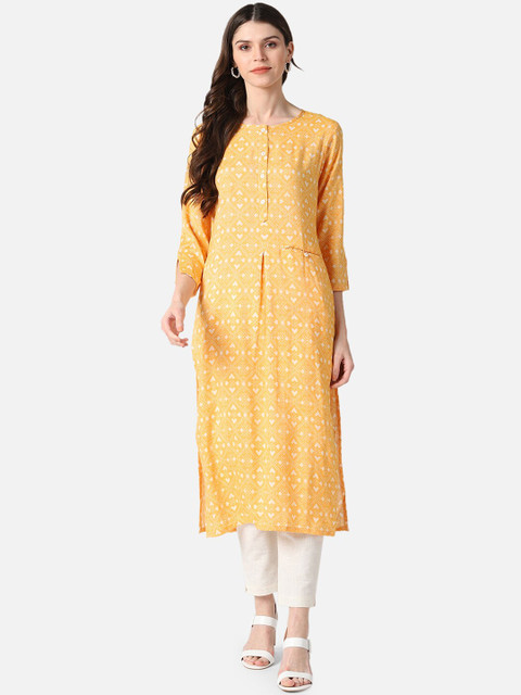 

AHIKA Women Yellow Geometric Printed Cotton Kurta