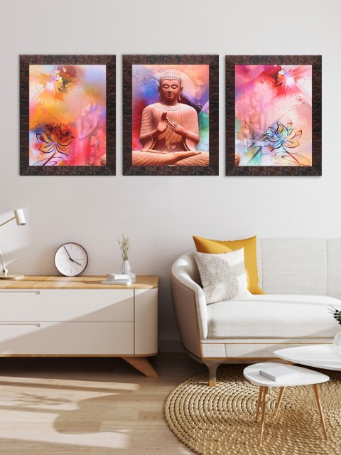 

Indianara Set Of 3 Pink & Yellow Gautam Buddha Framed Art Prints Without Glass