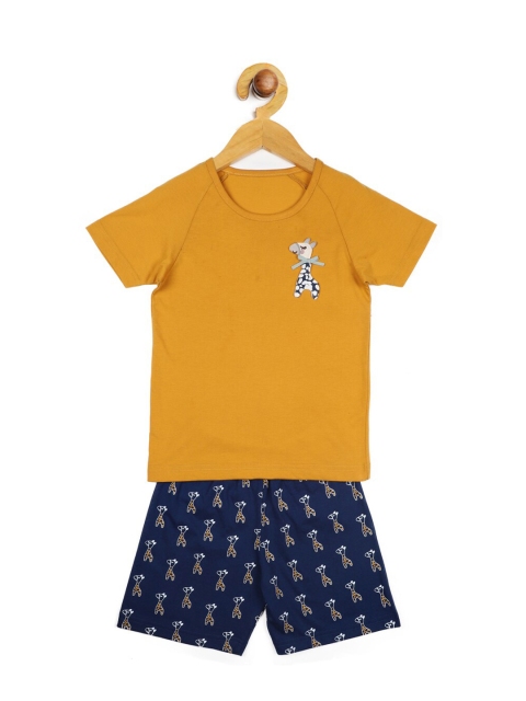 

Stupid Cupid Boys Mustard Yellow & Navy Blue Printed T-shirt with Shorts