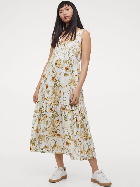 

H&M Women White & Yellow Mama V-neck dress