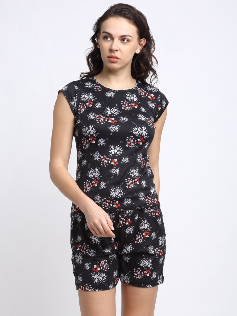 

NEUDIS Women Black & White Floral Printed Night Suit