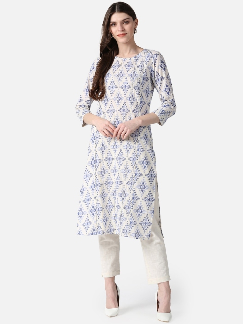 

AHIKA Women White & Blue Ethnic Motifs Printed Kurta