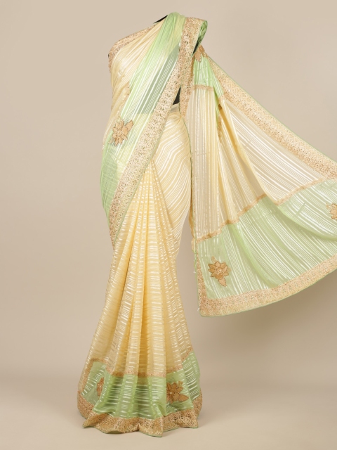 

Pothys Yellow & Green Poly Chiffon Striped Saree