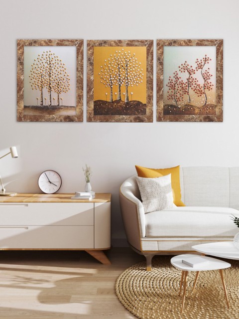 Indianara Set Of 3 Brown & Mustard-Yellow Abstract Trees Framed Art Prints Without Glass 3319