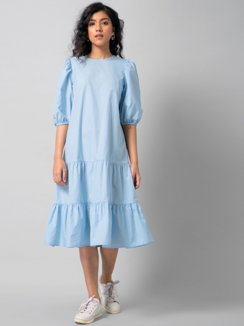

FabAlley Women Blue Cotton Solid Tiered Drop-Waist Dress