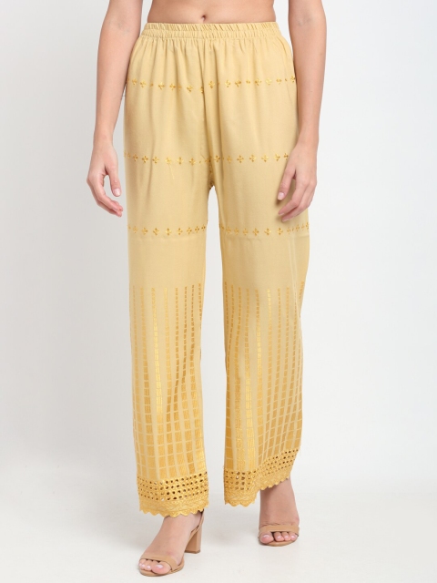 

NEUDIS Women Beige & Gold-Toned Embroidered Straight Palazzos