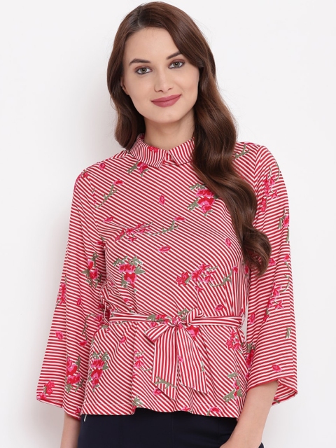 

Texco Red & White Floral Cinched Waist Top