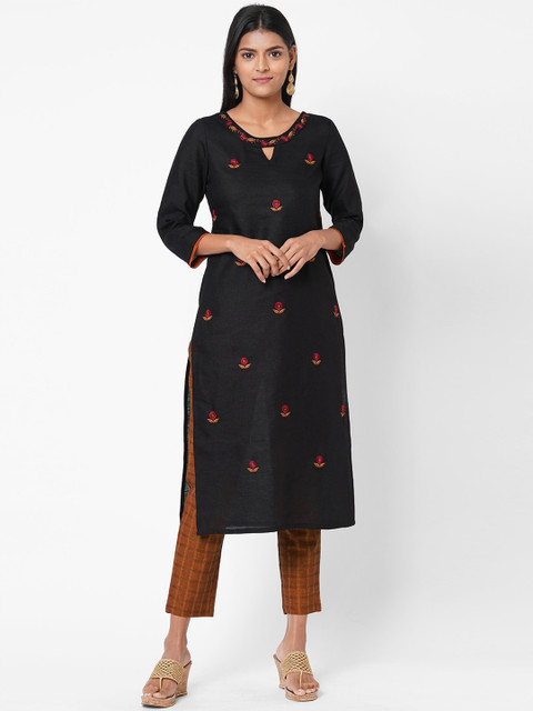 

Os Women Black & Red Floral Embroidered Keyhole Neck Thread Work Kurta