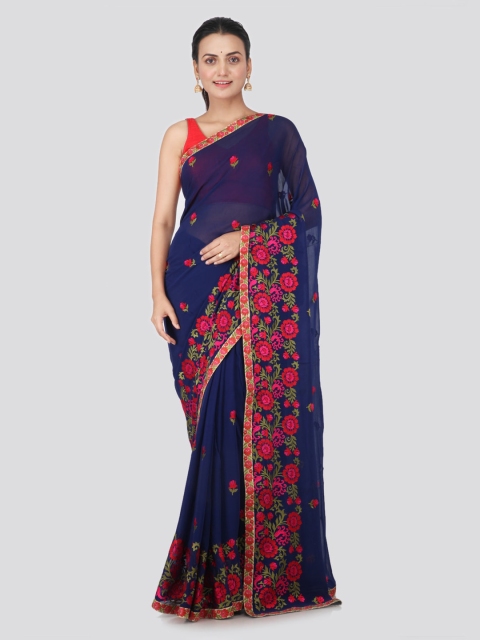 

PinkLoom Blue Pure Chiffon Embroidered Jamdani Saree