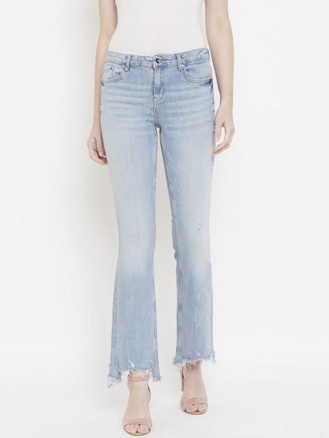 

Madame Women Blue Organic Cotton Slim Fit Mid-Rise Low Distress Cropped Jeans