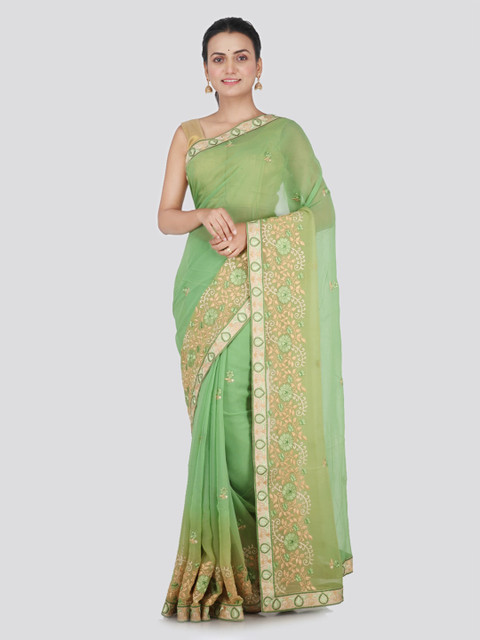 

PinkLoom Green & Beige Pure Chiffon Embroidered Saree