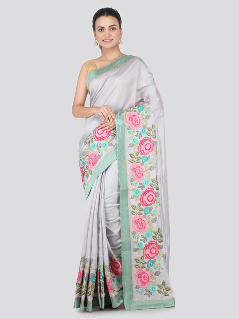 

PinkLoom Silver-Toned & Pink Pure Silk Embroidered Saree