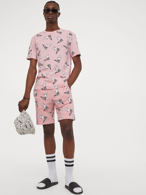 H&M Men Pink & White Peanut Patterned Sweatshirt Shorts
