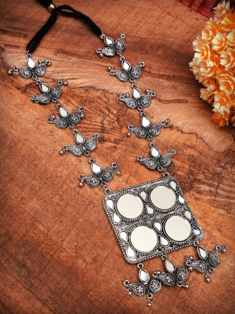 

Crunchy Fashion Silver-Toned & Black Alloy Silver-Plated Oxidised Mirror Necklace