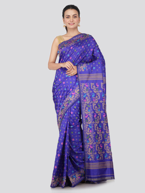 

PinkLoom Blue & Beige Pure Silk Woven Design Jamdani Sustainable Saree