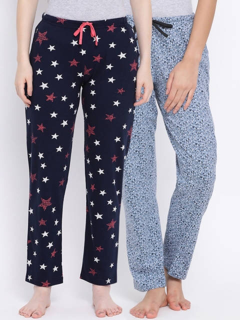 

Kanvin Women Pack Of 2 Printed Pure Cotton Lounge Pants PJ1076+PJ1112, Navy blue