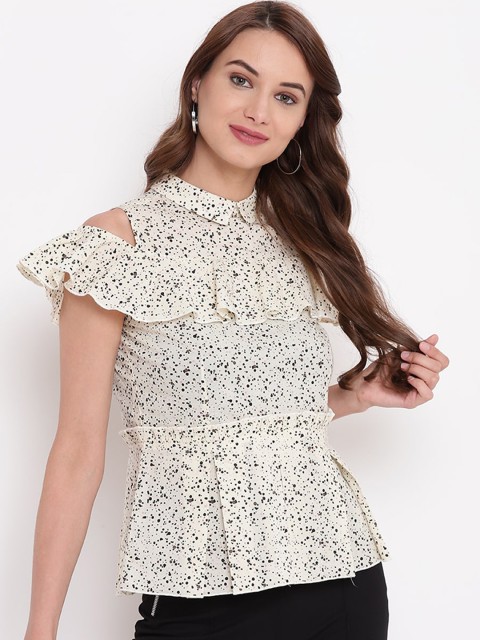 

Texco Cream-Coloured Printed Cinched Waist Top