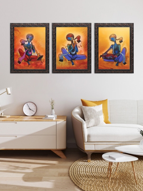 

Indianara Set Of 3 Orange & Blue Folk Musicians Framed Art Prints Without Glass