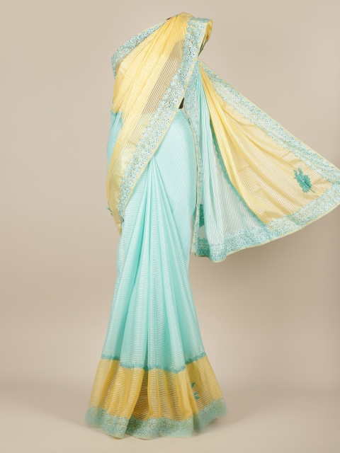 

Pothys Sea Green & Yellow Poly Chiffon Striped Saree