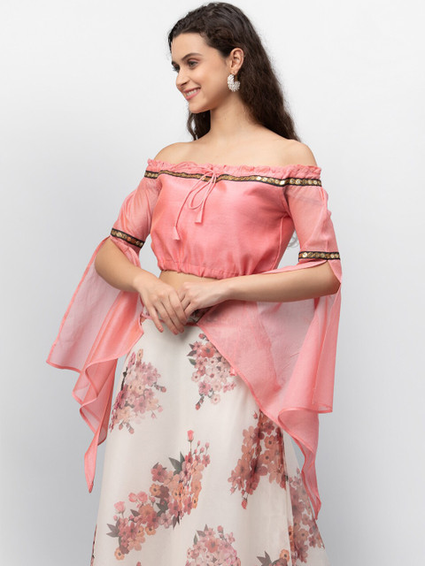 

studio rasa Coral Pink Embellished Off-Shoulder Regular Crop Top