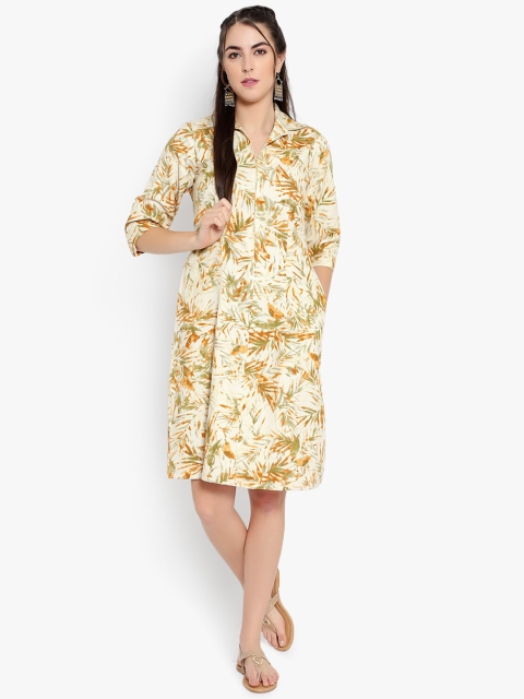 

Ayaany Women Cream-Coloured & Orange Printed Shirt Dress