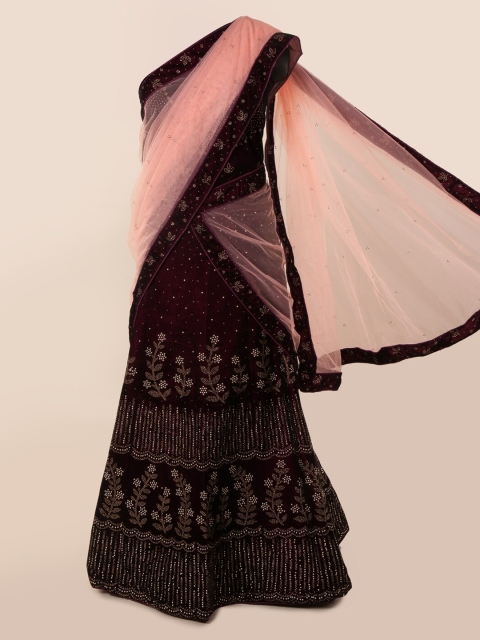 

Pothys Peach-Coloured & Maroon Net Embellished Traditional Half Saree