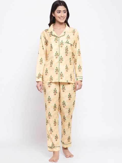 

MAXENCE Women Beige & Green Printed Night Suit